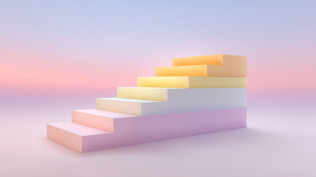 A visually captivating image of pastel-colored steps climbing into a soft gradient background, symbolizing a journey of creativity and ascent in a dreamlike atmosphere.の素材