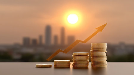 A stunning sunset sets the stage for stacked golden coins and an upward arrow, representing financial growth, investment success, and future prosperity.の素材