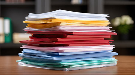 A vibrant stack of colorful papers and folders rests on a wooden desk, with a blurred background featuring books and plants, suggesting an organized office atmosphere.の素材