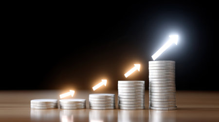 A visual representation of financial growth features stacks of coins with upward arrows, signifying investment progression and money management success.の素材