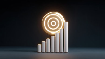 A stylized 3D growth graph featuring illuminated circles and vertical bars, representing success and advancement in business and finance sectors.の素材