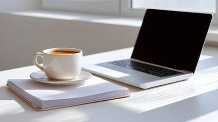 A serene workspace featuring a cup of coffee, an open laptop, and a blank notepad, bathed in soft sunlight from a nearby window, ideal for inspiration.の素材