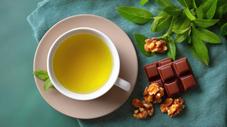 A serene composition featuring a cup of green tea beside rich chocolate and walnuts, perfect for promoting relaxation and a healthy lifestyle.の素材