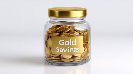A clear glass jar filled with gold coins showcases a savings strategy. The jar is labeled "Gold Savings," symbolizing prosperity and smart investment choices.の素材