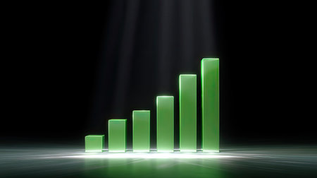 This image showcases a green growth chart with rising bars, symbolizing success and progress in business analytics against a dramatic dark background.の素材