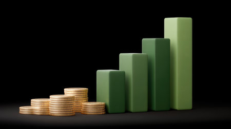 This image showcases a growth chart with green bars representing financial progress alongside stacked gold coins, symbolic of prosperity and success in business.の素材