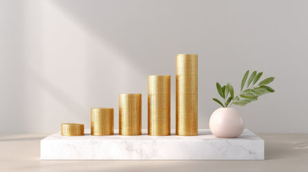 This stylish stock photo features a collection of shiny gold cylinders gracefully arranged on a marble platform, accompanied by a soft pink vase and greenery, all captured in a beautifully lit space.の素材