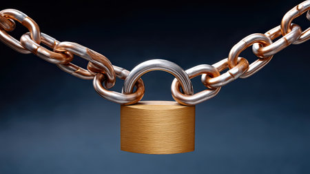 A golden padlock secured on interlinked chains featuring a blend of textures symbolizes strength and safety, highlighting the importance of security in various contexts.の素材