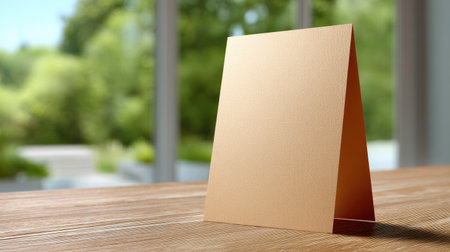 A blank greeting card rests on a wooden table, surrounded by a vibrant outdoor scene. This versatile mockup offers endless creative opportunities for invitations, messages, and decorations.の素材