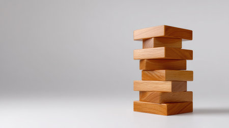 A visually appealing arrangement of wooden blocks stacked vertically creates a modern aesthetic. The light gray background highlights the natural texture and simplicity, ideal for educational and creative concepts.の素材