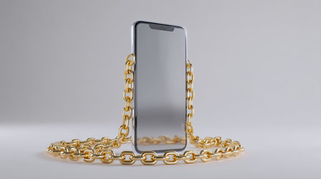 A sleek smartphone surrounded by lustrous golden chains represents modern technology's dual nature of connectivity and confinement in a simple composition.の素材