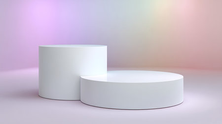 Two sleek, white podiums are arranged in a minimalist composition against a soft gradient background, perfect for showcasing products or creative designs.の素材