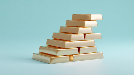 A visually appealing arrangement of stacked gold bars on a soft blue background, symbolizing wealth and financial security, perfect for various financial themes.の素材