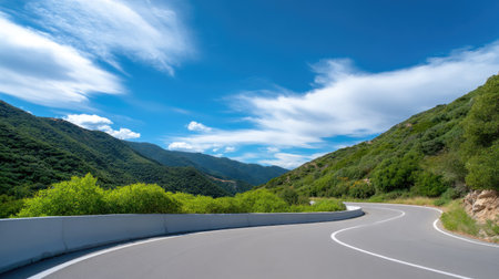 A picturesque winding road cuts through verdant hills under a brilliant blue sky, creating an ideal setting for peaceful drives and exploration.の素材