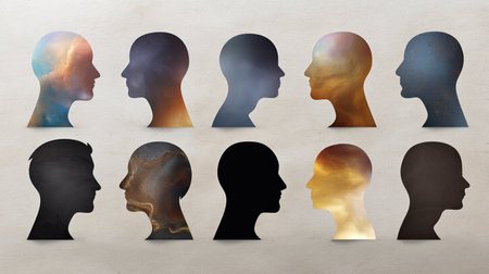 Set of abstract profiles showcasing silhouettes filled with cosmic textures. Ideal for concepts of creativity, imagination, and human connection.の素材