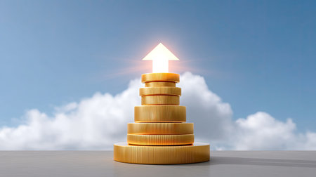 A visually striking image featuring a stack of golden coins topped with an upward arrow, symbolizing financial growth and investment opportunities in a clear sky.の素材