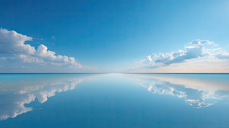 A mesmerizing seascape showcasing a clear blue sky with soft clouds reflecting on a still water surface, evoking peace and tranquility in natureの素材