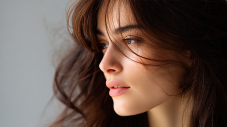 This captivating portrait features a young woman with flowing hair and a serene expression, embodying natural beauty and elegance in soft lighting.の素材