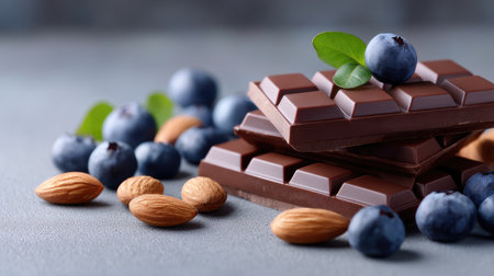 This enticing image features rich dark chocolate bars beautifully arranged with fresh blueberries and almonds, creating a tempting and wholesome composition.の素材
