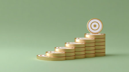 This image features a visual representation of stacked coins and targets, symbolizing financial success and goal achievement in a minimalistic style.の素材