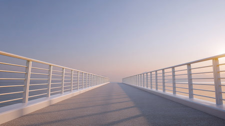 A modern boardwalk stretches toward a tranquil ocean under a soft sunrise, featuring sleek railings and a minimalist aesthetic, perfect for inspiration.の素材