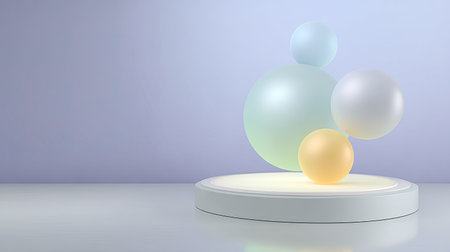 A captivating abstract composition featuring colorful spheres arranged on a white platform. Soft lighting enhances the minimalist aesthetic, creating a serene visual atmosphere.の素材
