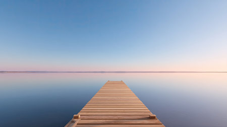 This image showcases a tranquil wooden pier extending into the calm waters of a lake, surrounded by a clear blue sky at dawn. Ideal for themes of serenity, nature, and relaxation.の素材