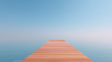 A serene wooden dock stretches over calm water under a bright blue sky, symbolizing tranquility and peace, inviting relaxation and contemplation.の素材