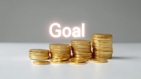 A visually striking image of stacks of coins with the word "Goal" illuminated in bright light. This symbolizes financial ambitions and aspirations.の素材