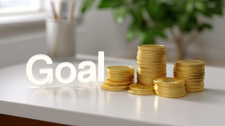 This image captures the essence of financial success, featuring a stack of coins next to the word "Goal," symbolizing ambition and aspiration in a modern workspace.の素材