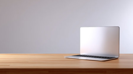 A contemporary laptop rests on a wooden desk in a spacious and bright workspace, featuring a clean background and minimalistic design ideal for creative projects.の素材
