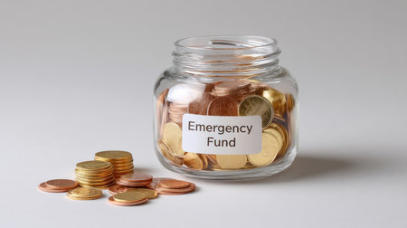 A clear glass jar filled with various coins labeled "Emergency Fund," representing the importance of saving for unplanned expenses and financial stability.の素材
