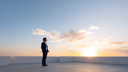 A businessman enjoys a serene moment on a rooftop deck at sunset, gazing at the vibrant sky filled with soft clouds and warm colors, reflecting hope and tranquility.の素材