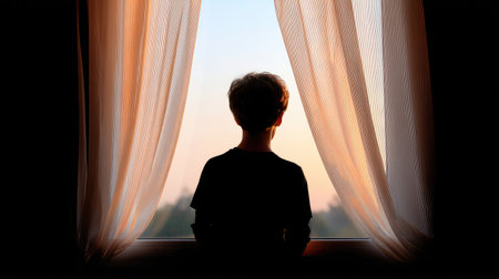 A young boy stands in silhouette by a window, gazing at a beautiful sunset. Sheer curtains frame the scene, evoking a sense of tranquility and wonder.の素材