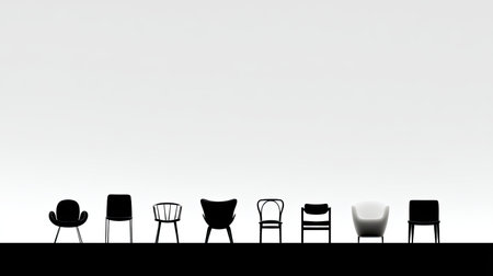 A striking representation of diverse chair designs displayed in silhouette against a simple background. This image emphasizes the beauty of minimalism and elegance in furniture design, ideal for interior decor inspiration.の素材