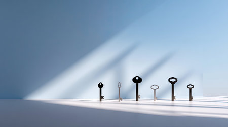 A stunning arrangement of vintage keys displaying unique designs, creating intriguing shadows against a minimalist background, perfect for creative projects.の素材