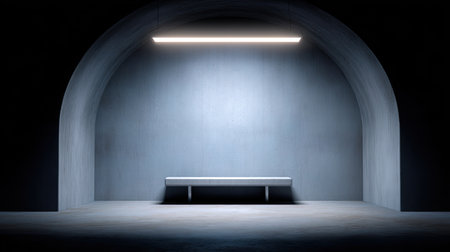 This image features a minimalist interior showcasing a simple bench illuminated by a bright light in a dark setting. The archway creates a dramatic atmosphere.の素材