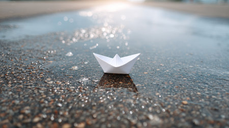 A delicate white paper boat floats on wet pavement, creating a serene scene with bokeh reflections. This image evokes childhood memories and imagination.の素材