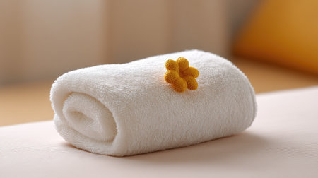 A soft white towel neatly rolled and adorned with a bright yellow flower, creating a soothing and inviting atmosphere in a cozy room setting.の素材