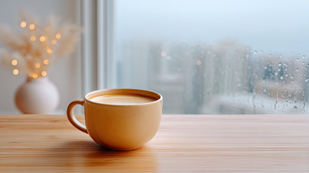 A serene scene featuring a cozy cup of coffee sitting on a wooden table, with a rainy cityscape in the background. Soft bokeh lights add warmth.の素材