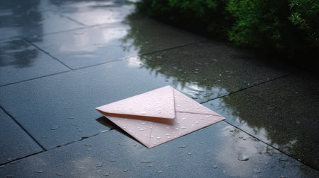 A beautiful pink envelope rests on a rain-soaked stone path, surrounded by lush greenery and capturing the essence of nature's tranquility and detail.の素材