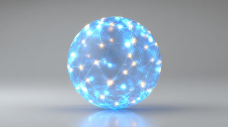 This abstract image portrays a glowing network sphere filled with lights, symbolizing connections and innovation in a digital and technological landscape.の素材