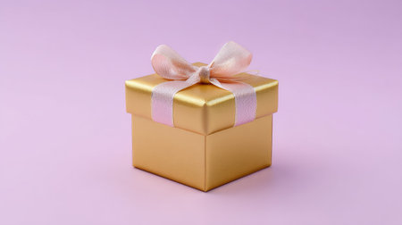 This elegant gold gift box features a soft pink ribbon, making it perfect for special occasions. Ideal for holiday seasons, birthdays, and celebrations.の素材