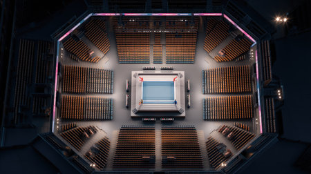 A stunning aerial view captures an empty arena with a brightly lit boxing ring at its center. The surrounding seats await eager fans for the upcoming event, creating a vibrant atmosphere filled with potential energy and excitement.の素材