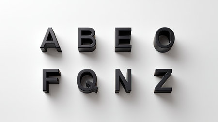 This image showcases black 3D letters A, B, E, O, F, Q, N, and Z against a minimalist white background, perfect for various creative projects.の素材