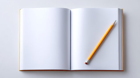 An open notebook with blank pages and a yellow pencil positioned beside it, inviting creativity and ideas for writing or sketching in a minimalist setting.の素材