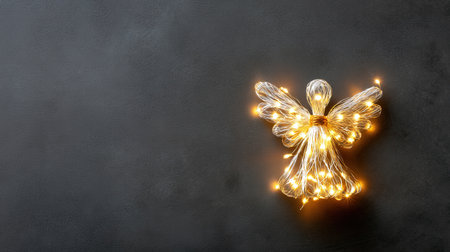 An enchanting decorative angel shape adorned with warm fairy lights, creating a serene atmosphere against a dark background, perfect for holiday inspirations.の素材