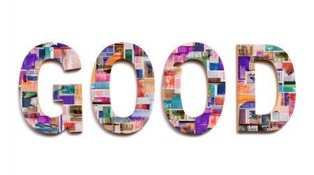 This image showcases the vibrant typography of the word "Good" created with an eclectic mix of textures and colors, evoking positivity and creativity.の素材