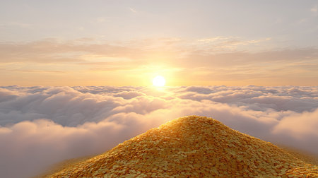 A breathtaking view of a golden pile of treasure illuminated by a soft sunrise light, surrounded by fluffy clouds, creating a dreamlike and inspirational atmosphere.の素材
