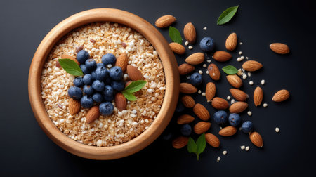 A beautiful arrangement of granola, blueberries, and almonds showcases freshness and health in a rustic wooden bowl and a dark surface, symbolizing wellness.の素材